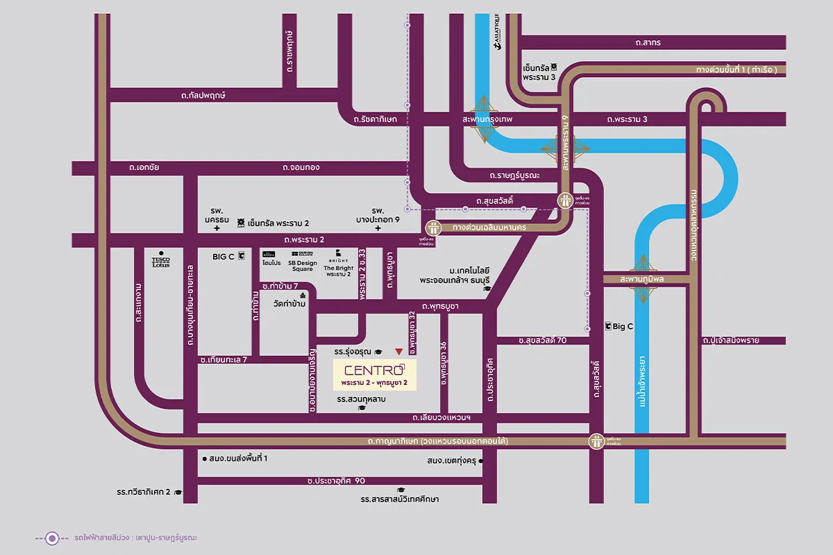 แผนที่ตั้งโครงการ CENTRO พระราม 2 - พุทธบูชา 2 บ้านเดี่ยวทำเลพุทธบูชา ใกล้โรงเรียนรุ่งอรุณ