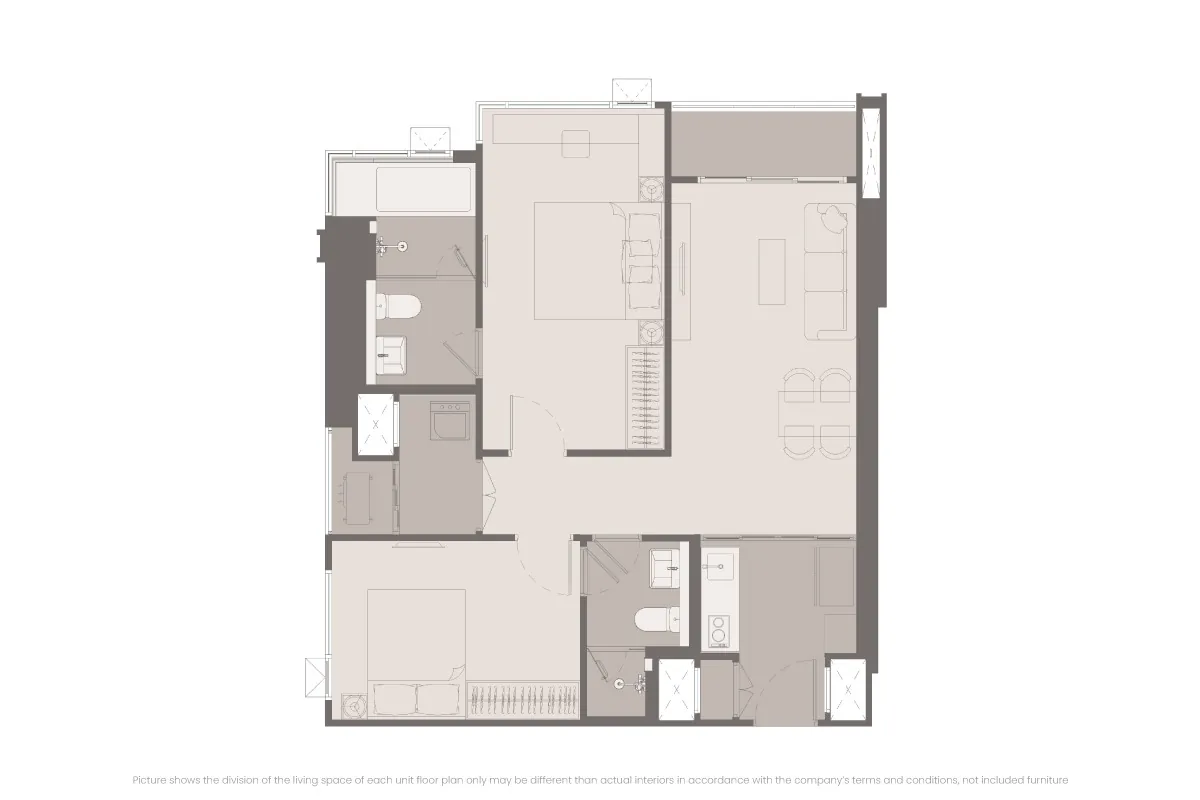แบบห้อง 2 Bedroom โครงการ RHYTHM เจริญนคร ไอคอนิค