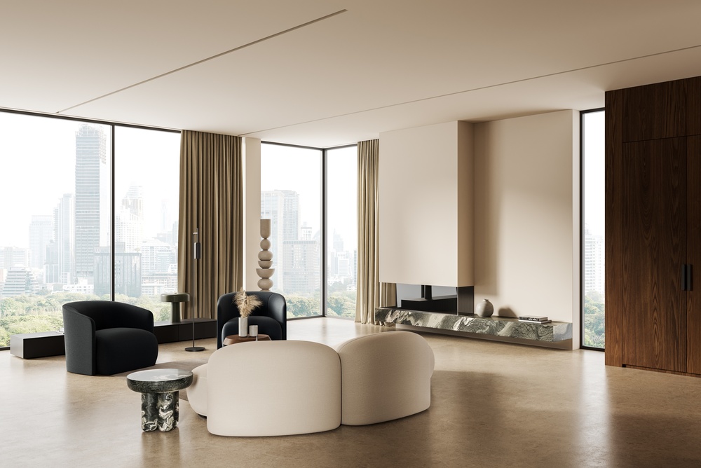 ผ้าม่านสีน้ำตาลในห้องนั่งเล่นสีเอิร์ธโทน