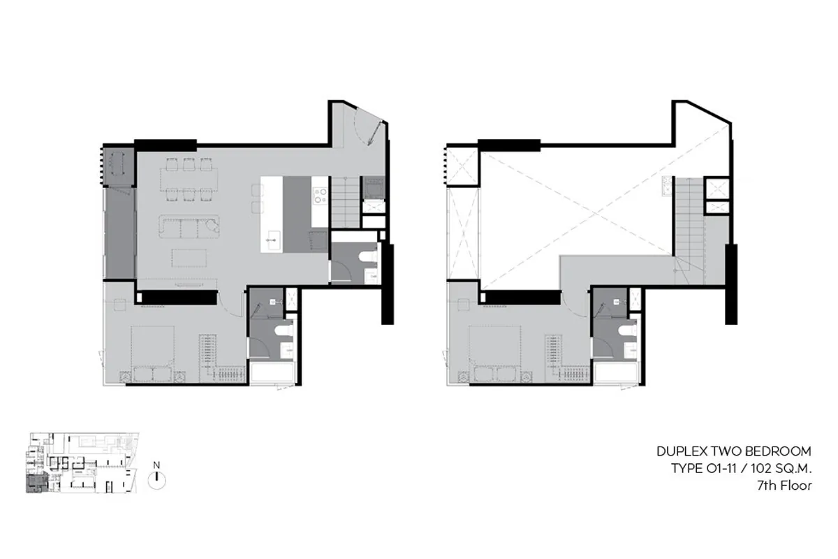 แบบห้องคอนโด 2 ห้องนอน Duplex Type O1-11 โครงการ RHYTHM เอกมัย เอสเตท