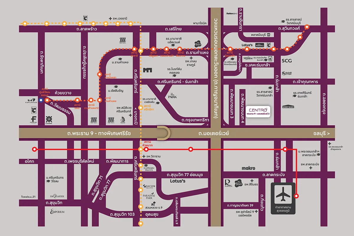 แผนที่การเดินทางและสิ่งอำนวยความสะดวกใกล้เคียงโครงการ CENTRO พระราม 9 - มอเตอร์เวย์ 2