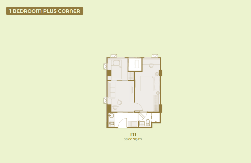ตัวอย่างแบบห้อง 1 Bedroom Plus Corner โครงการ ASPIRE สุขุมวิท 103