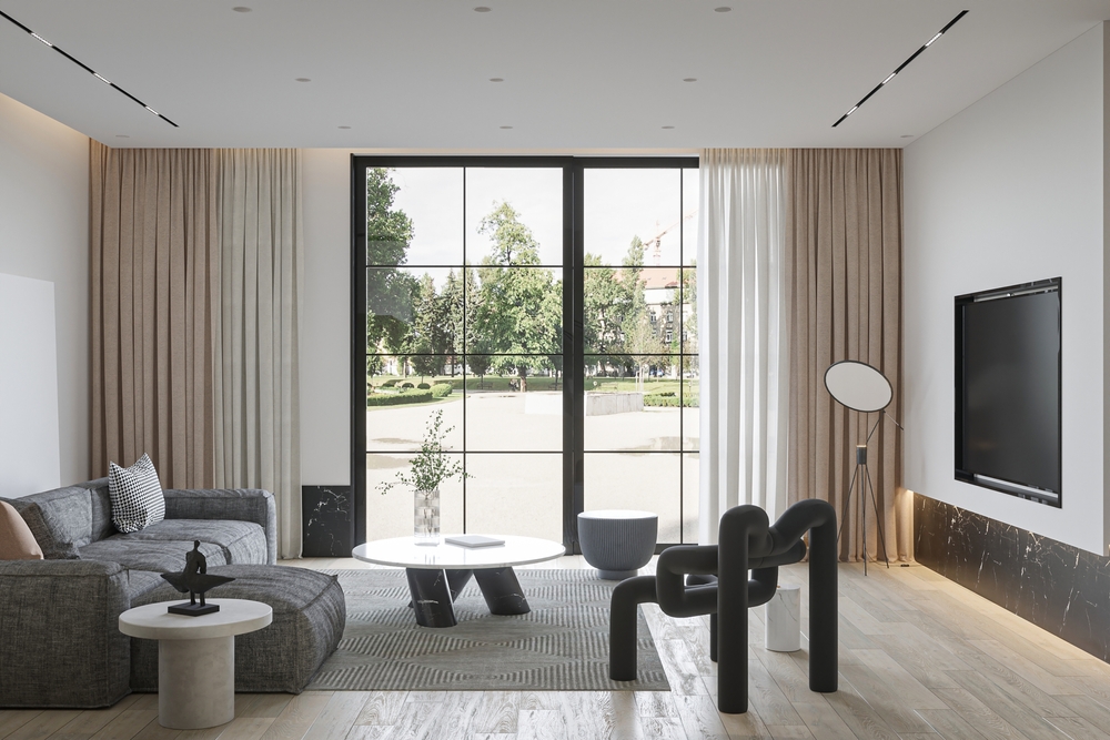 ผ้าม่านสีครีมในห้องนั่งเล่นสีเทา