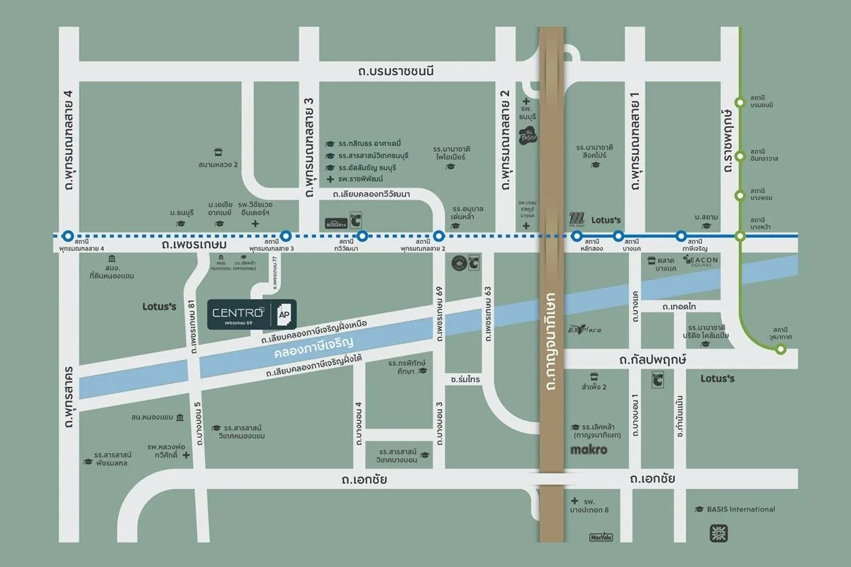 แผนที่การเดินทางและสิ่งอำนวยความสะดวกใกล้เคียง CENTRO เพชรเกษม 69