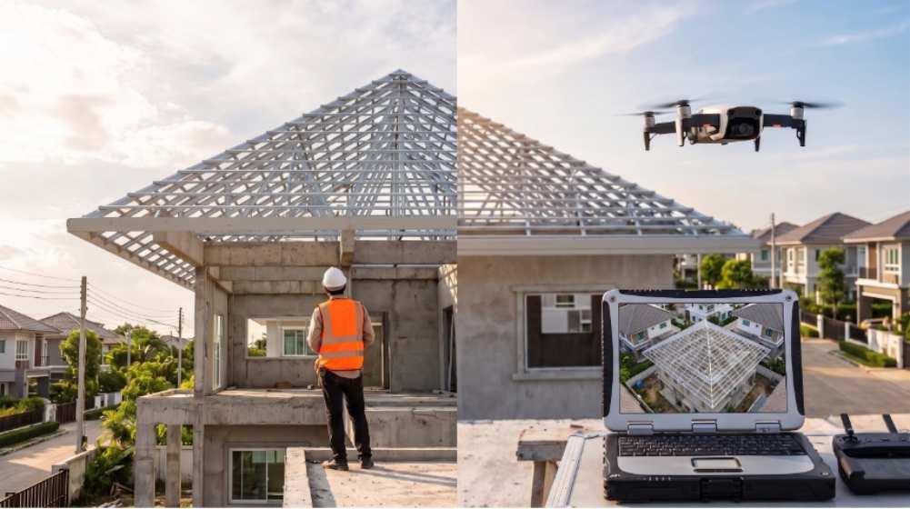 การนำโดรน (Drone) มาใช้ตรวจคุณภาพบ้านเดี่ยวเอพี บริเวณผืนหลังคาและรอยต่อในจุดที่เข้าถึงยาก