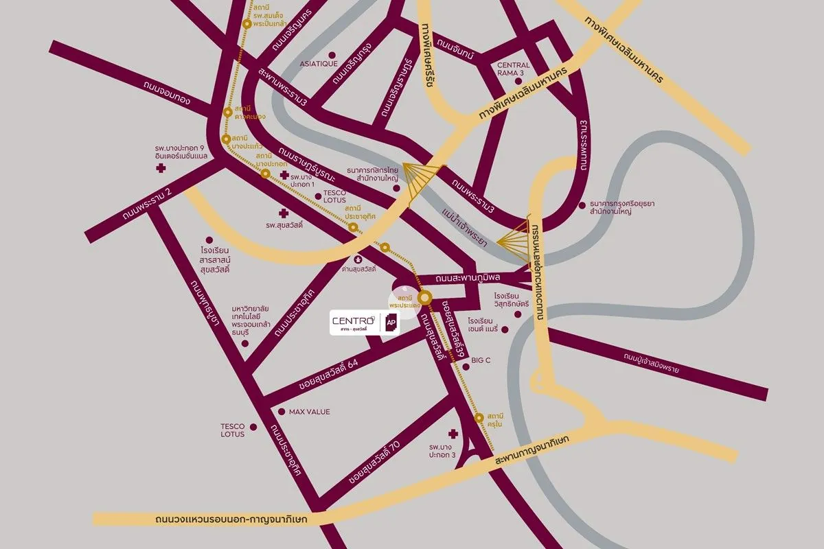 แผนที่เส้นทางโครงการ CENTRO สาทร - สุขสวัสดิ์ เดินทางเข้าสาทรเพียง 10 นาทีผ่านทางพิเศษเฉลิมมหานคร