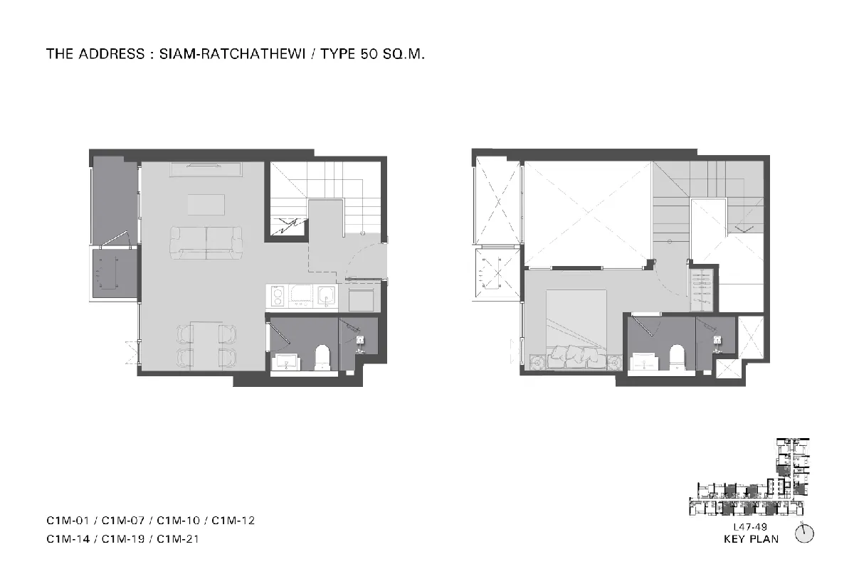 แบบห้องคอนโด 1 ห้องนอน Duplex Type C1M โครงการ THE ADDRESS สยาม - ราชเทวี