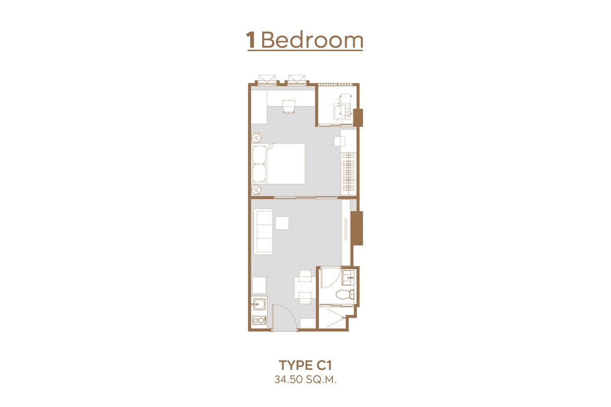1 BEDROOM: Floor Type C1 34.5 sq.m
