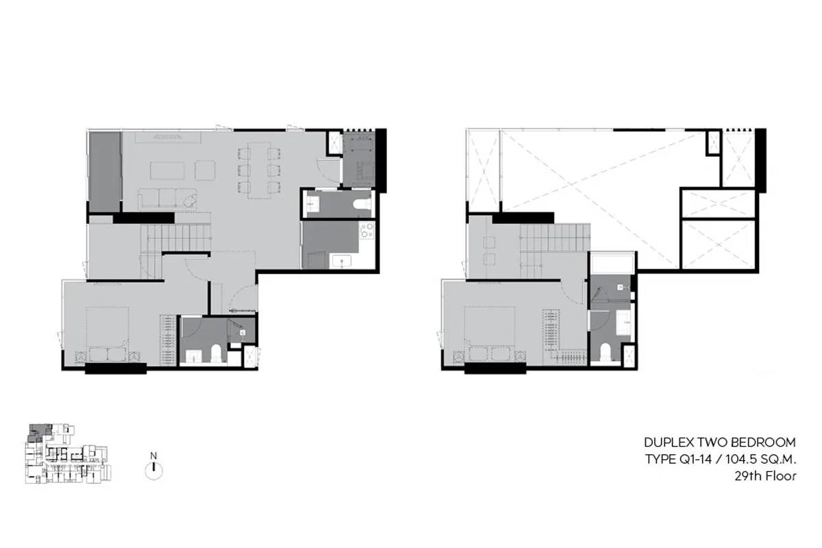 แบบห้องคอนโด 2 ห้องนอน Duplex Type Q1-14 โครงการ RHYTHM เอกมัย เอสเตท