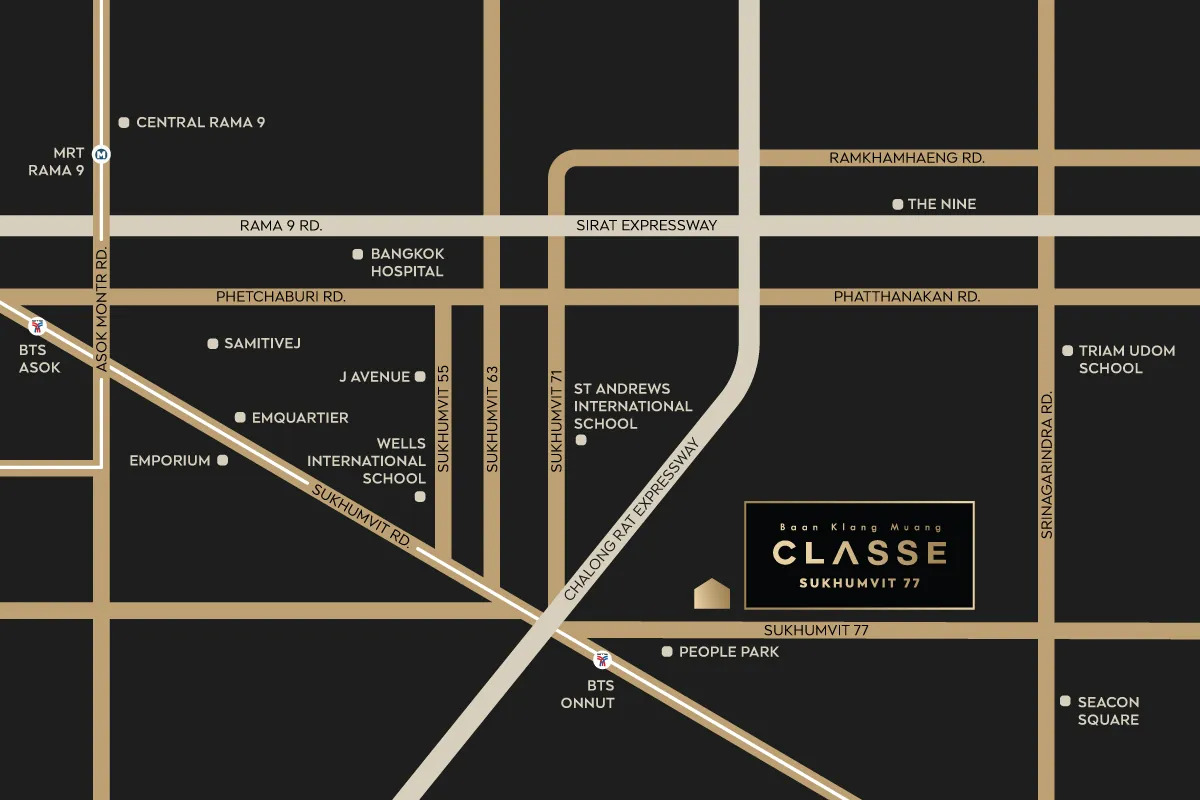 แผนที่การเดินทางและสิ่งอำนวยความสะดวกใกล้เคียง บ้านกลางเมือง CLASSE สุขุมวิท 77