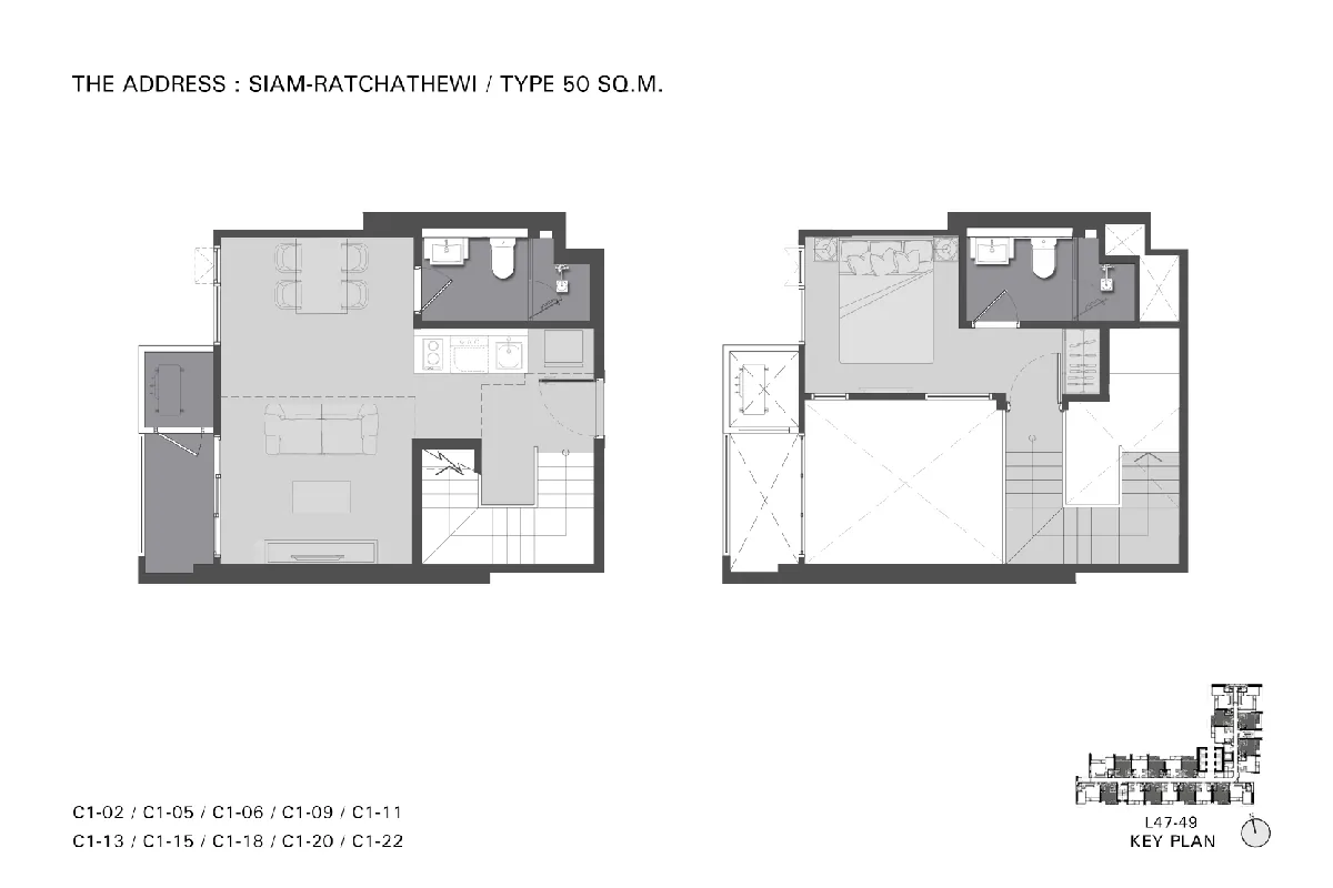 แบบห้องคอนโด 1 ห้องนอน Duplex Type C1 โครงการ THE ADDRESS สยาม - ราชเทวี