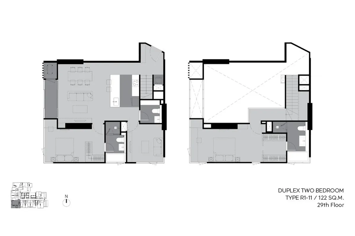 แบบห้องคอนโด 2 ห้องนอน Duplex Type R1-11 โครงการ RHYTHM เอกมัย เอสเตท