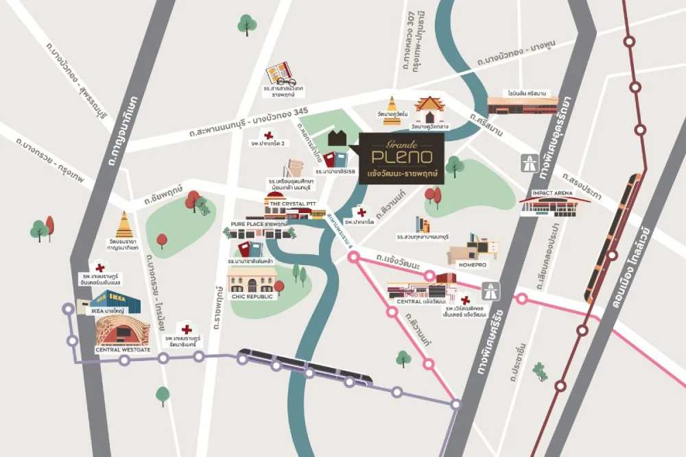 แผนที่และสิ่งอำนวยความสะดวกใกล้เคียงโครงการ GRANDE PLENO แจ้งวัฒนะ - ราชพฤกษ์