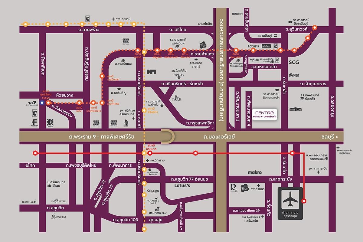 แผนที่เดินทางโครงการบ้านเดี่ยว CENTRO พระราม 9 - มอเตอร์เวย์ 2