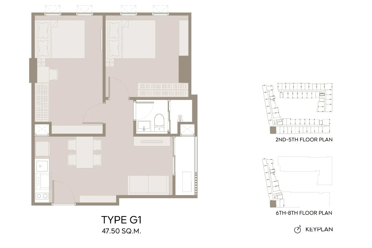 ตัวอย่างแบบห้อง 2 Bedroom Type G1 โครงการ ASPIRE อิสรภาพ สเตชั่น