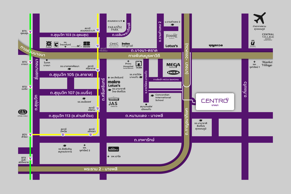 แผนที่การเดินทาง โครงการบ้านเดี่ยว CENTRO บางนา