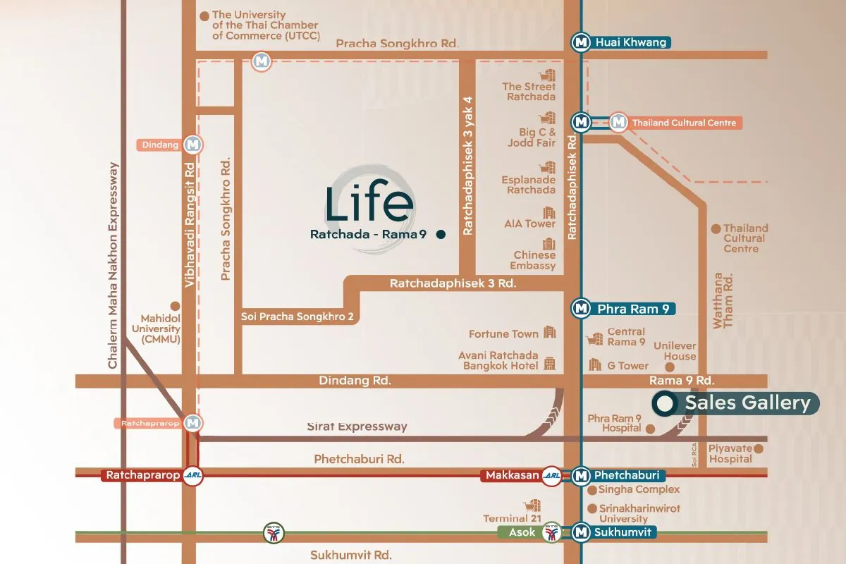 แผนที่การเดินทางและสิ่งอำนวยความสะดวกใกล้เคียง LIFE รัชดา - พระราม 9