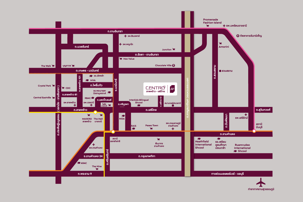 แผนที่การเดินทางโครงการบ้านเดี่ยว CENTRO อ่อนนุช - ลาดกระบัง