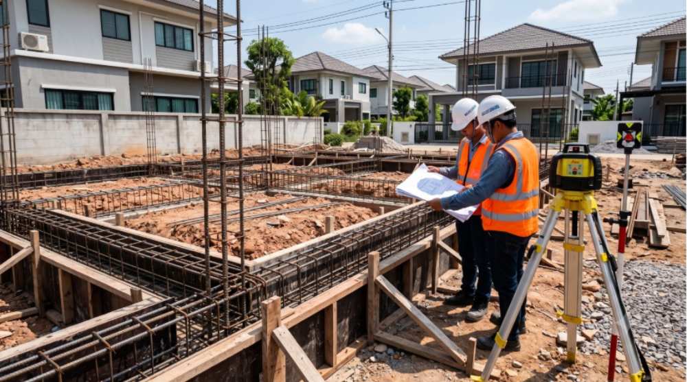 วิศวกรใช้กล้องสำรวจตรวจสอบระดับงานฐานราก ซึ่งเป็นจุดเริ่มต้นของการตรวจคุณภาพบ้านเดี่ยวเอพีด้านโครงสร้าง