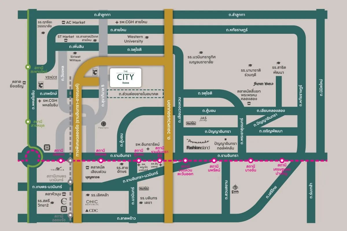 แผนที่และสิ่งอำนวยความสะดวกใกล้เคียง THE CITY วัชรพล