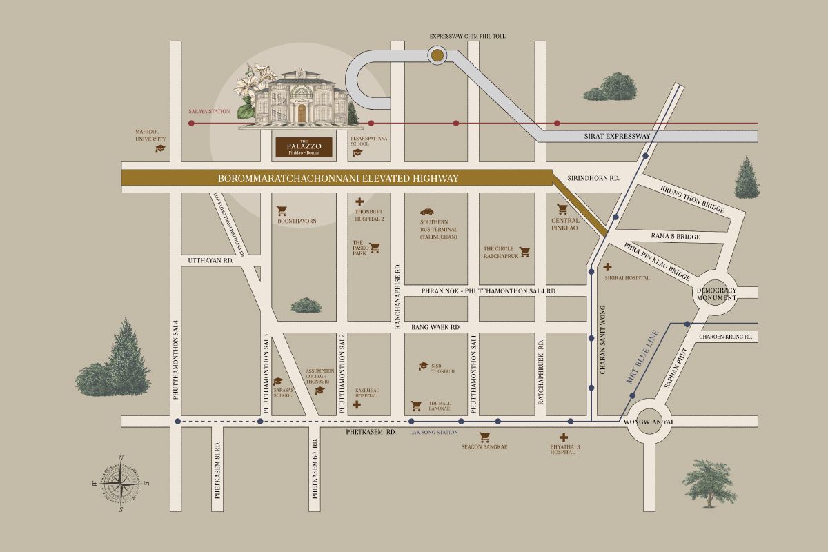 แผนที่การเดินทางโครงการบ้านเดี่ยว THE PALAZZO ปิ่นเกล้า-บรมฯ
