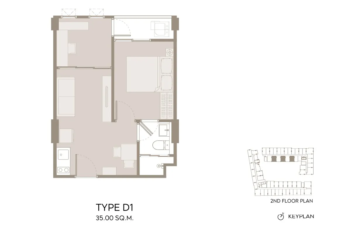 ตัวอย่างแบบห้อง 1 Bedroom Plus Type D1 โครงการ ASPIRE อิสรภาพ สเตชั่น
