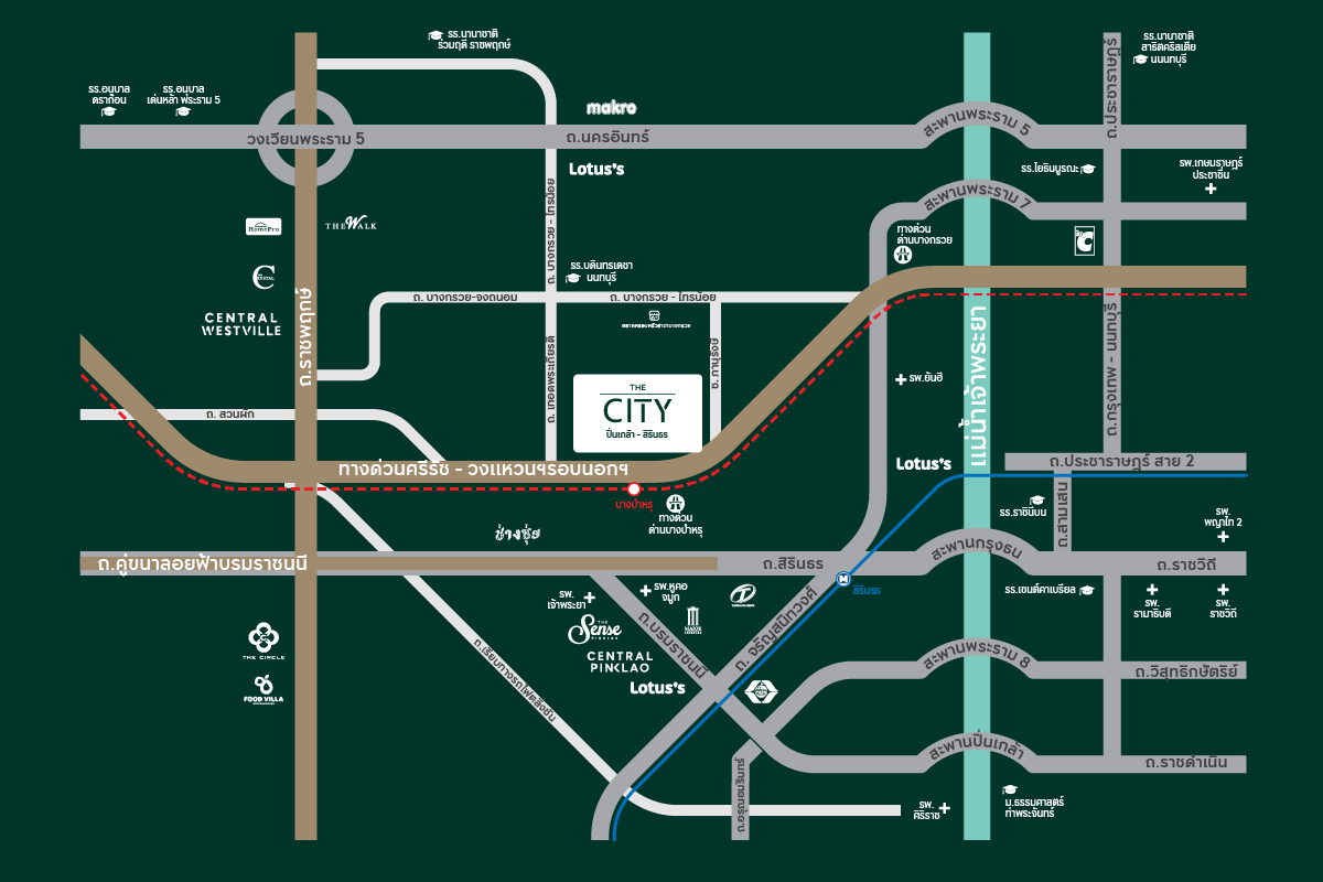 การเดินทาง บ้านเดี่ยวเอพีฝั่งธน THE CITY ปิ่นเกล้า-สิรินธร