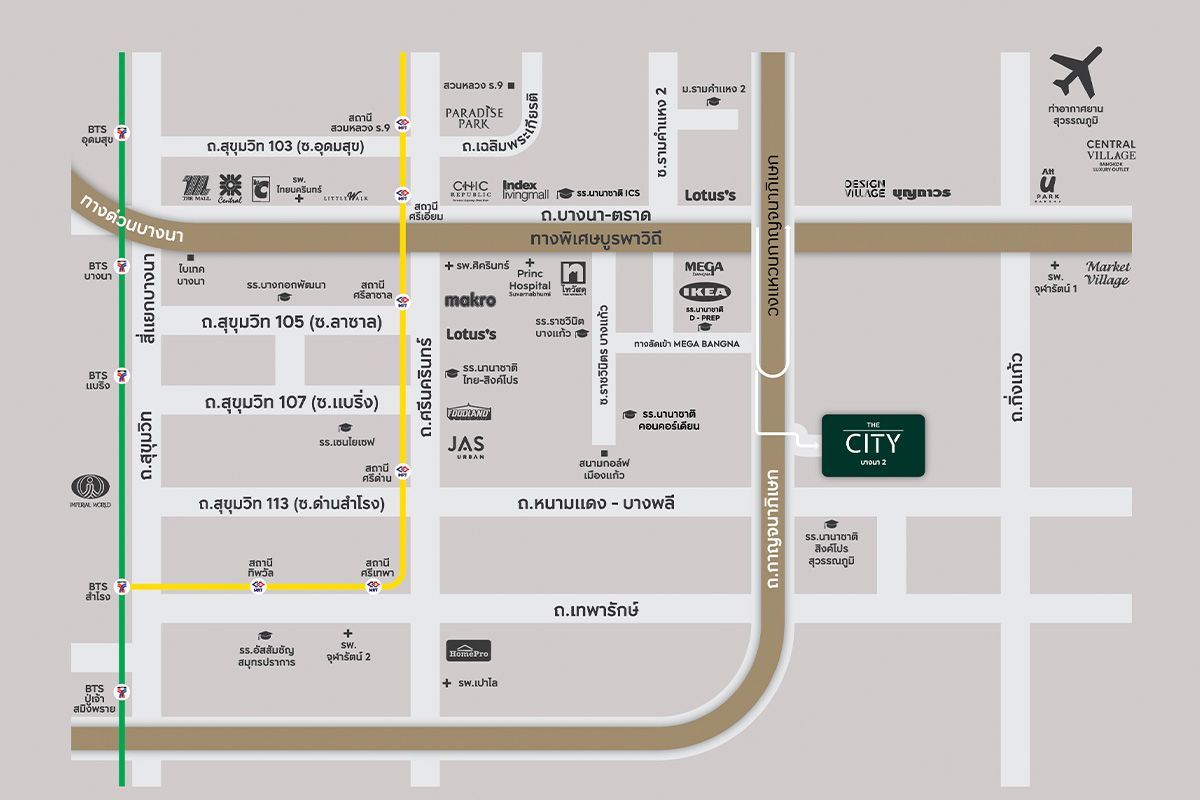 แผนที่การเดินทาง โครงการบ้านเดี่ยว THE CITY บางนา 2