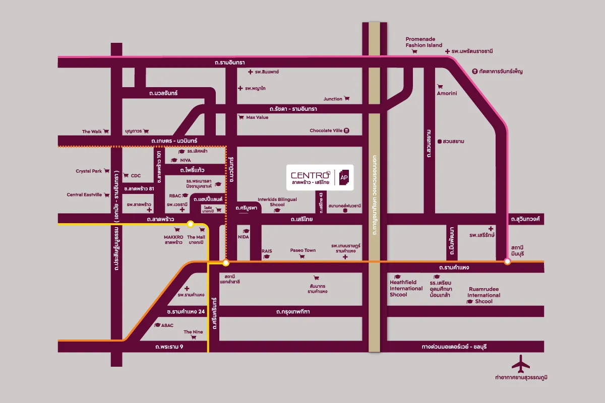 แผนที่และสิ่งอำนวยความสะดวกใกล้เคียง CENTRO ลาดพร้าว - เสรีไทย