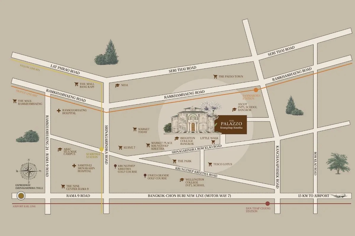 แผนที่การเดินทางโครงการ THE PALAZZO กรุงเทพกรีฑา