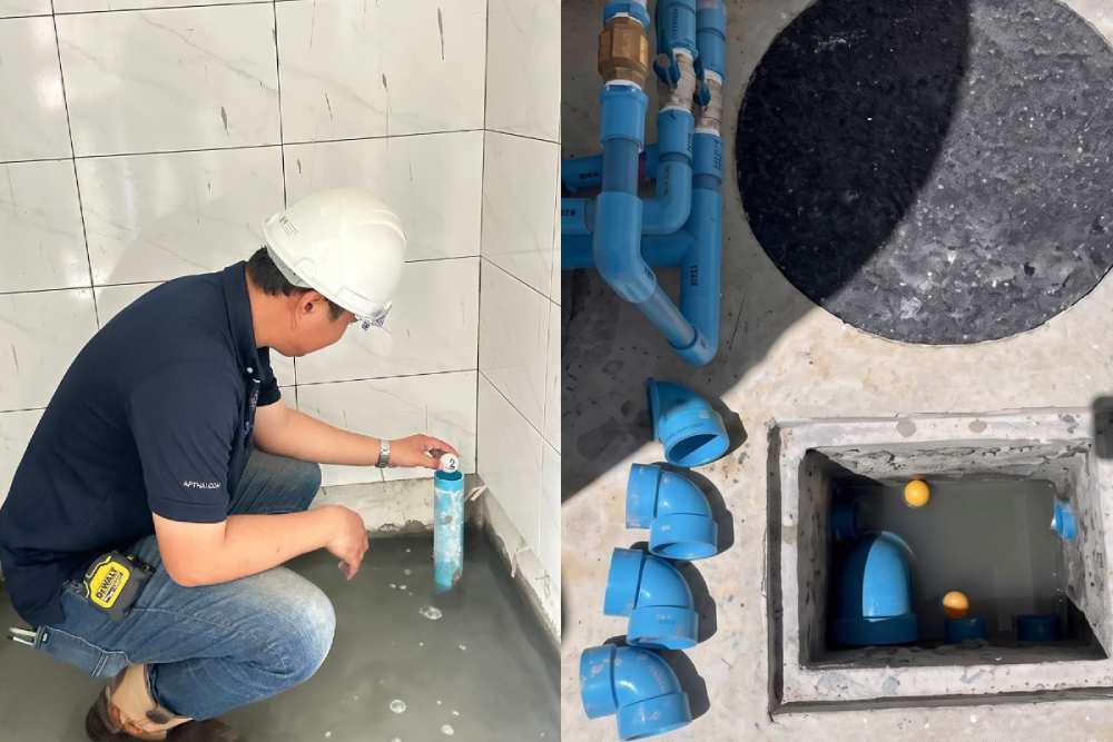 03_ap-house-water-supply-system.jpg ทีมช่าง AP กำลังทดสอบทิศทางการไหลและความลาดเอียงของท่อน้ำทิ้ง โดยหย่อนลูกปิงปองลงในท่อและรอสังเกตผลลัพธ์บริเวณบ่อพัก