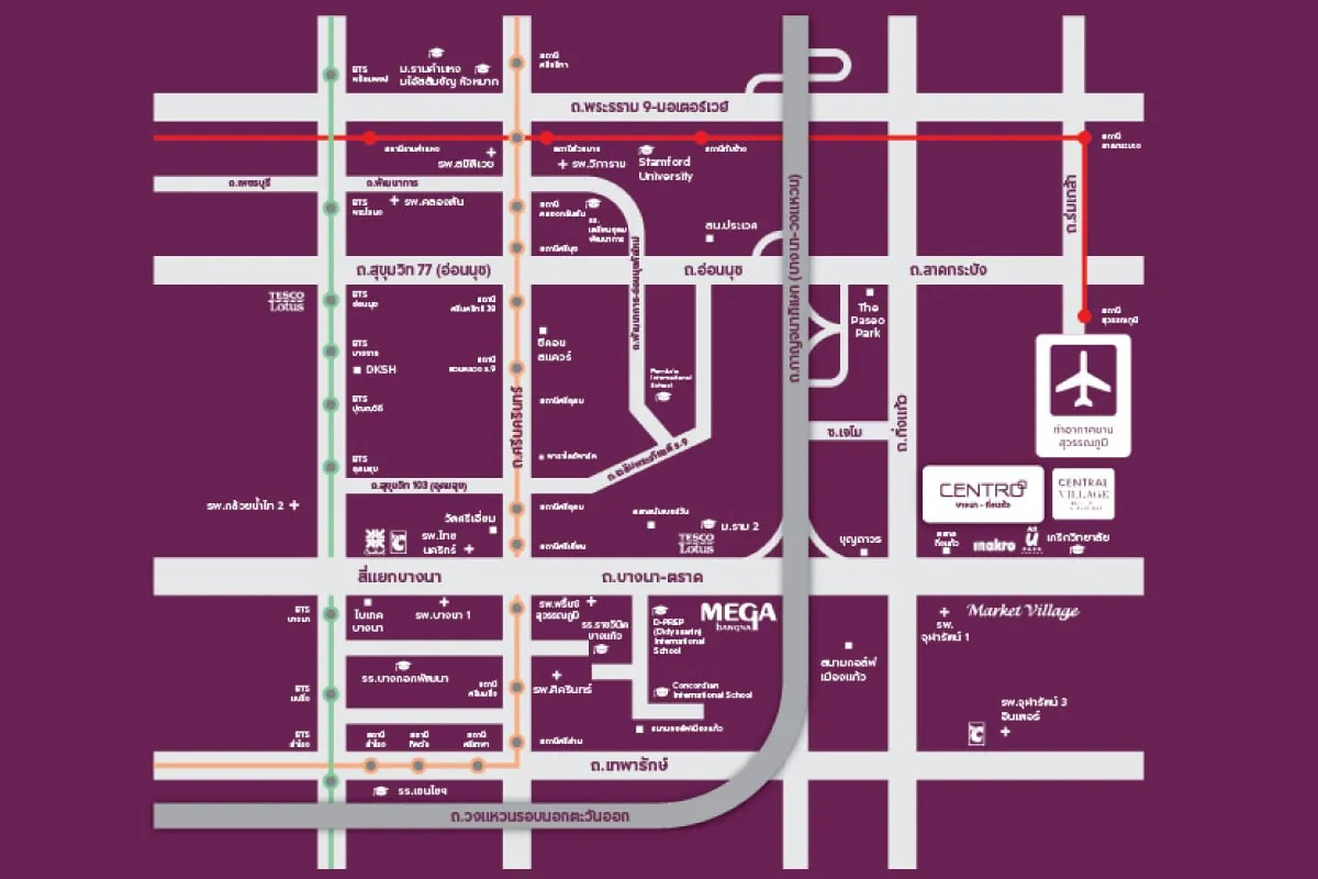 แผนที่การเดินทางและสิ่งอำนวยความสะดวกใกล้เคียงโครงการ CENTRO บางนา - กิ่งแก้ว