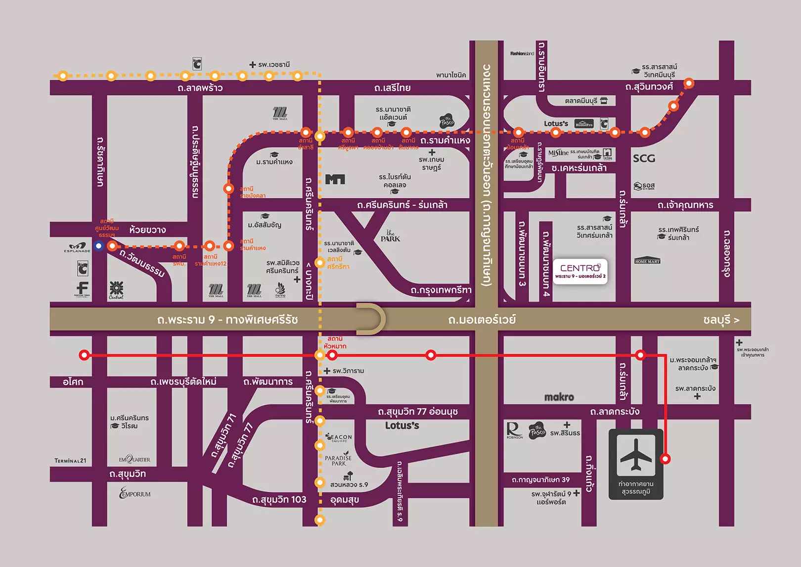 แผนที่โครงการบ้านเดี่ยว CENTRO พระราม 9 - มอเตอร์เวย์ 2