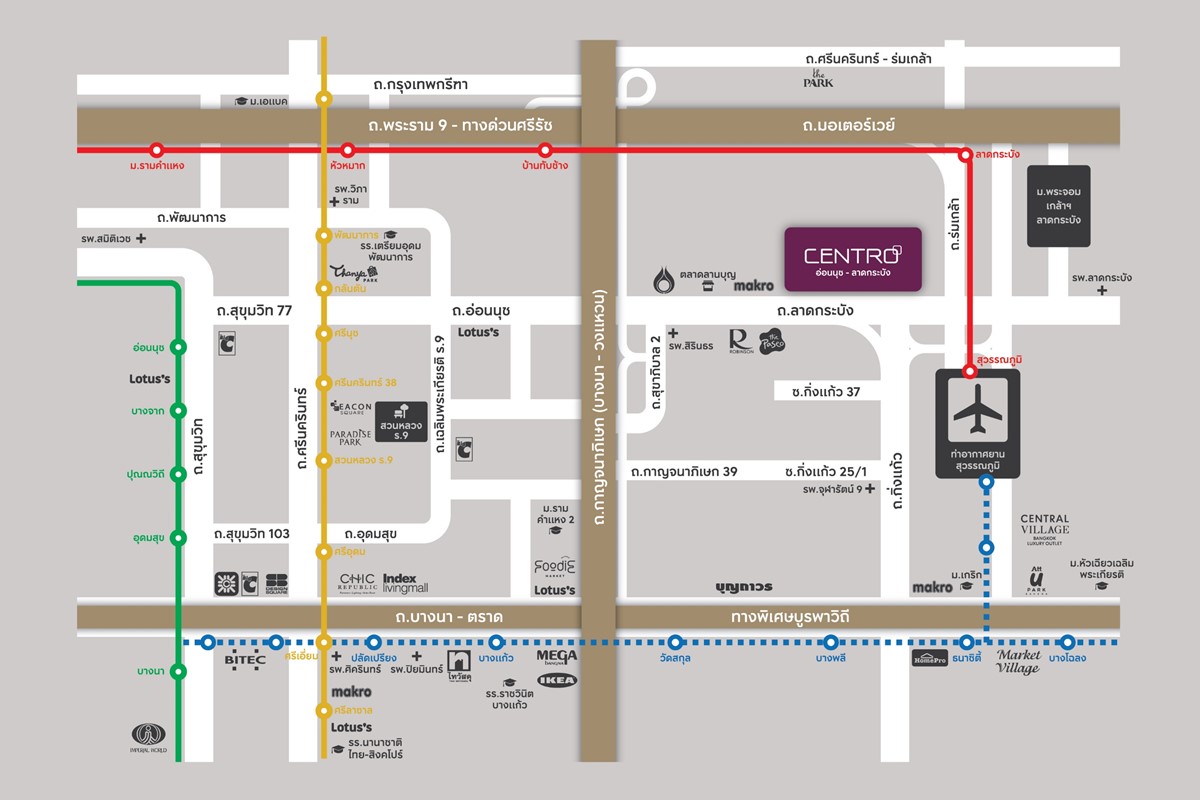 แผนที่การเดินทางโครงการบ้านเดี่ยว CENTRO อ่อนนุช - ลาดกระบัง