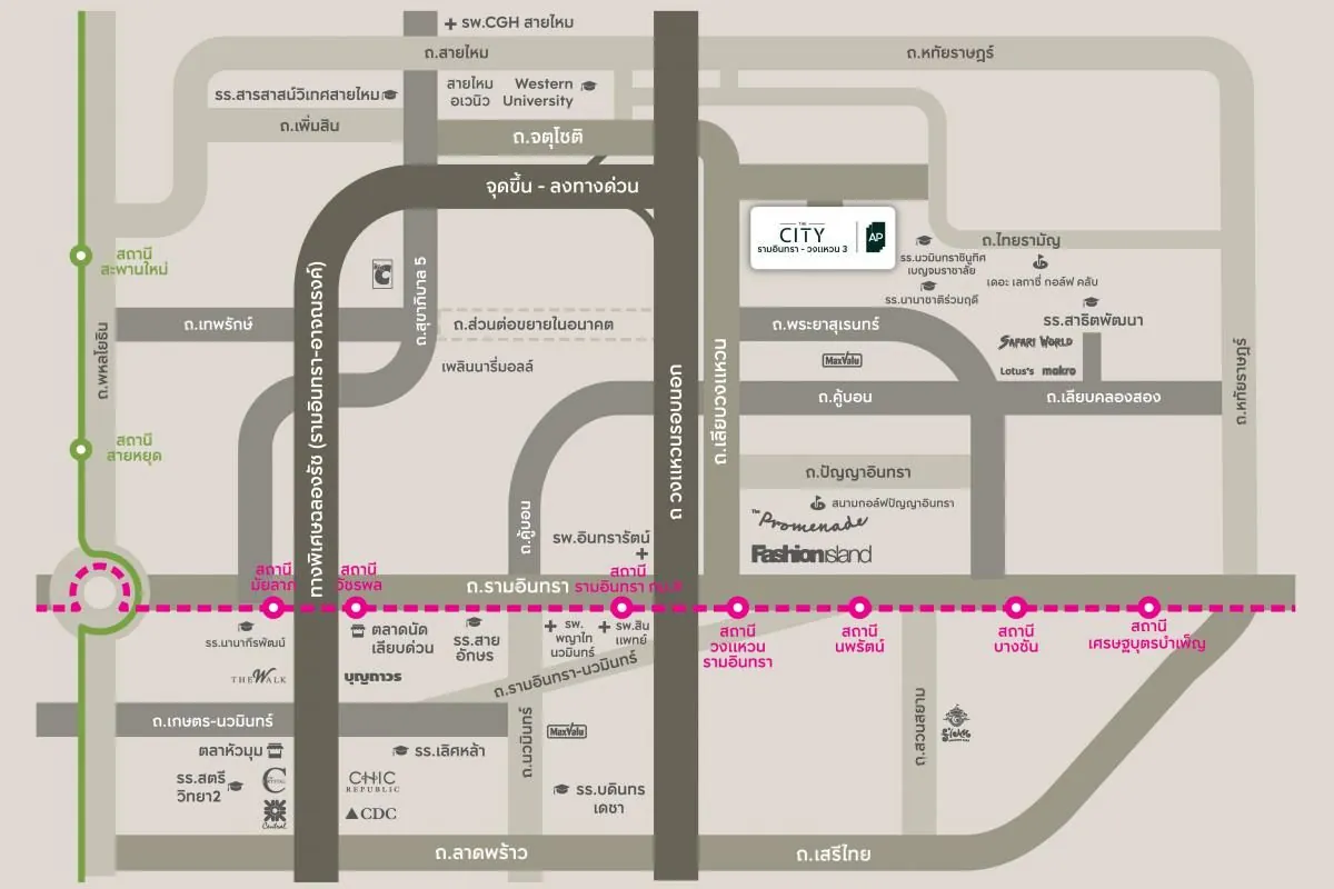 แผนที่และสิ่งอำนวยความสะดวกใกล้เคียง THE CITY รามอินทรา - วงแหวน 3