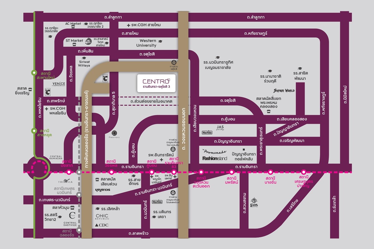 แผนที่การเดินทาง โครงการบ้านเดี่ยว CENTRO รามอินทรา-จตุโชติ 3