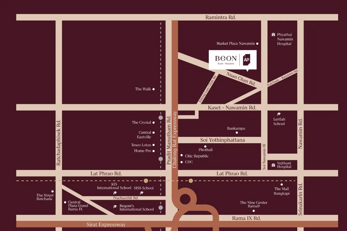 แผนที่โครงการ BEON เกษตร-นวมินทร์ บ้านเดี่ยวรามอินทรา ทำเลศักยภาพ ใกล้ทางด่วนและรถไฟฟ้าสายสีชมพู