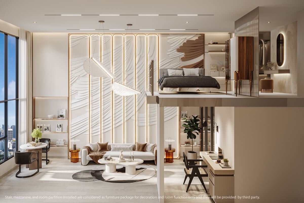 ห้องนอนในโครงการคอนโด ASPIRE วิภา-วิคตอรี่ เพดานสูง 4.45 เมตร