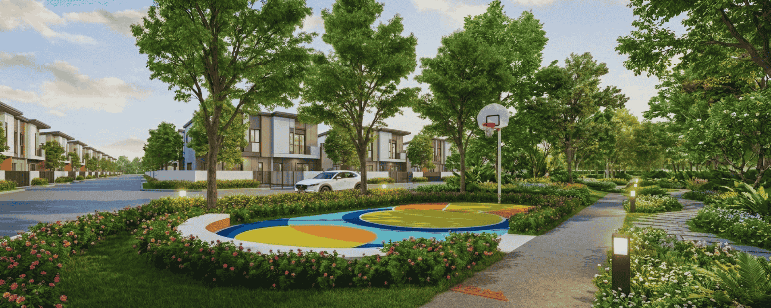 สวนสาธาระณะและสนามบาสในโครงการบ้านไม่เกิน 2 ล้านของ AP Thai