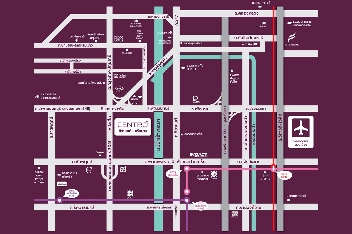 การเดินทาง บ้านเดี่ยวเอพี โครงการ CENTRO ติวานนท์-ศรีสมาน
