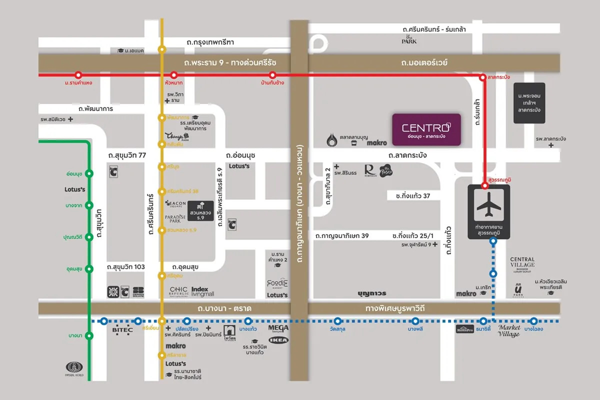 แผนที่การเดินทางและสิ่งอำนวยความสะดวกใกล้เคียงโครงการ CENTRO อ่อนนุช - ลาดกระบัง