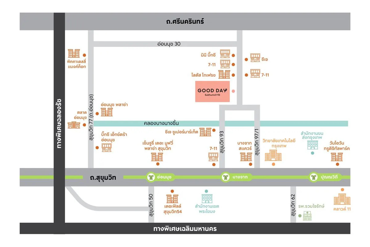 แผนที่การเดินทางและสิ่งอำนวยความสะดวกใกล้เคียง GOOD DAY สุขุมวิท 93