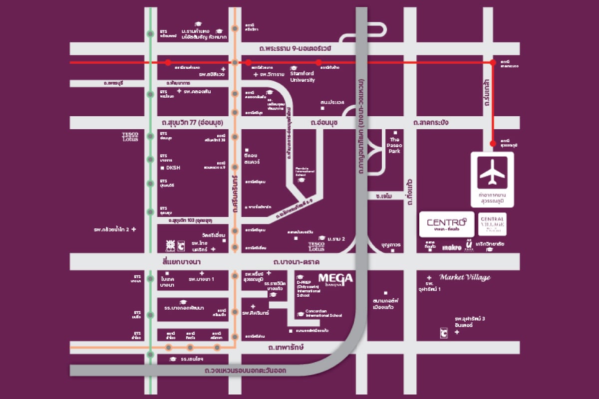 แผนที่การเดินทาง โครงการบ้านเดี่ยว CENTRO บางนา-กิ่งแก้ว